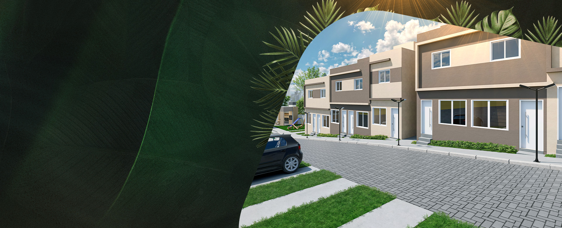 Condomínio residencial com casas geminadas, paisagismo e céu azul ao fundo